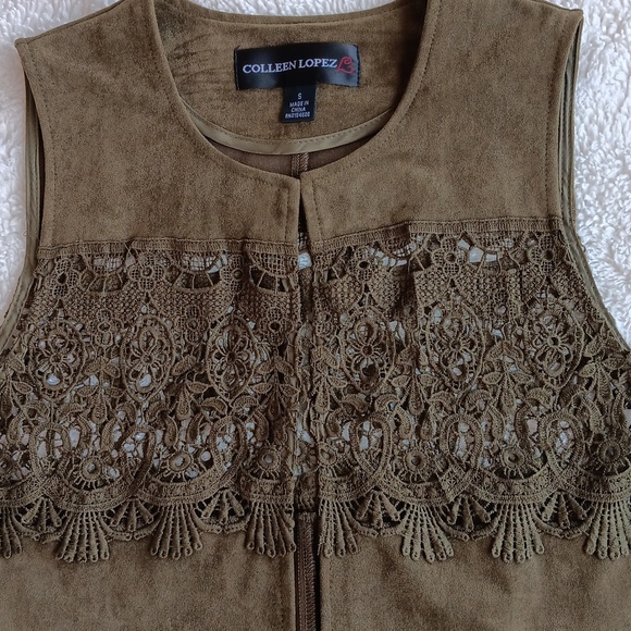 Colleen Lopez olive faux suede boho lace sleeveless duster - Picture 7 of 8